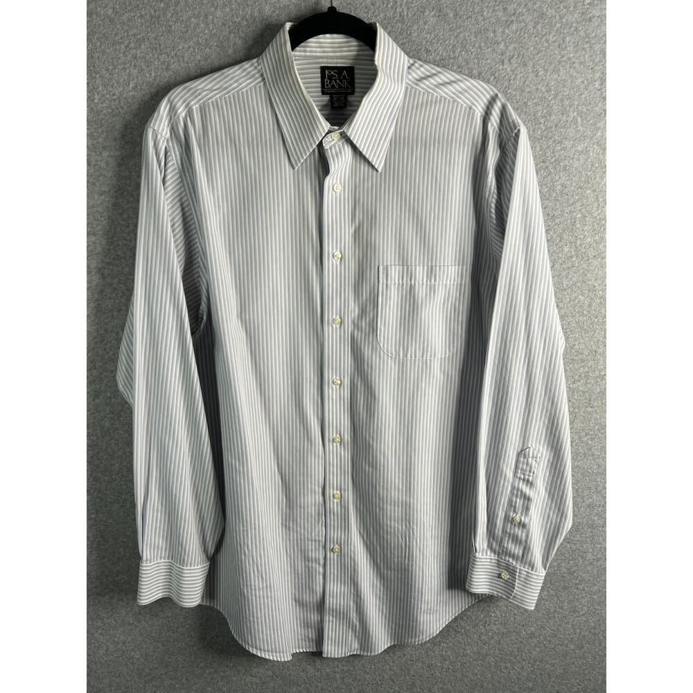 Jos A Bank Traveler Dress Shirt Mens 16.5 35 Blue Stripe Tailored Fit